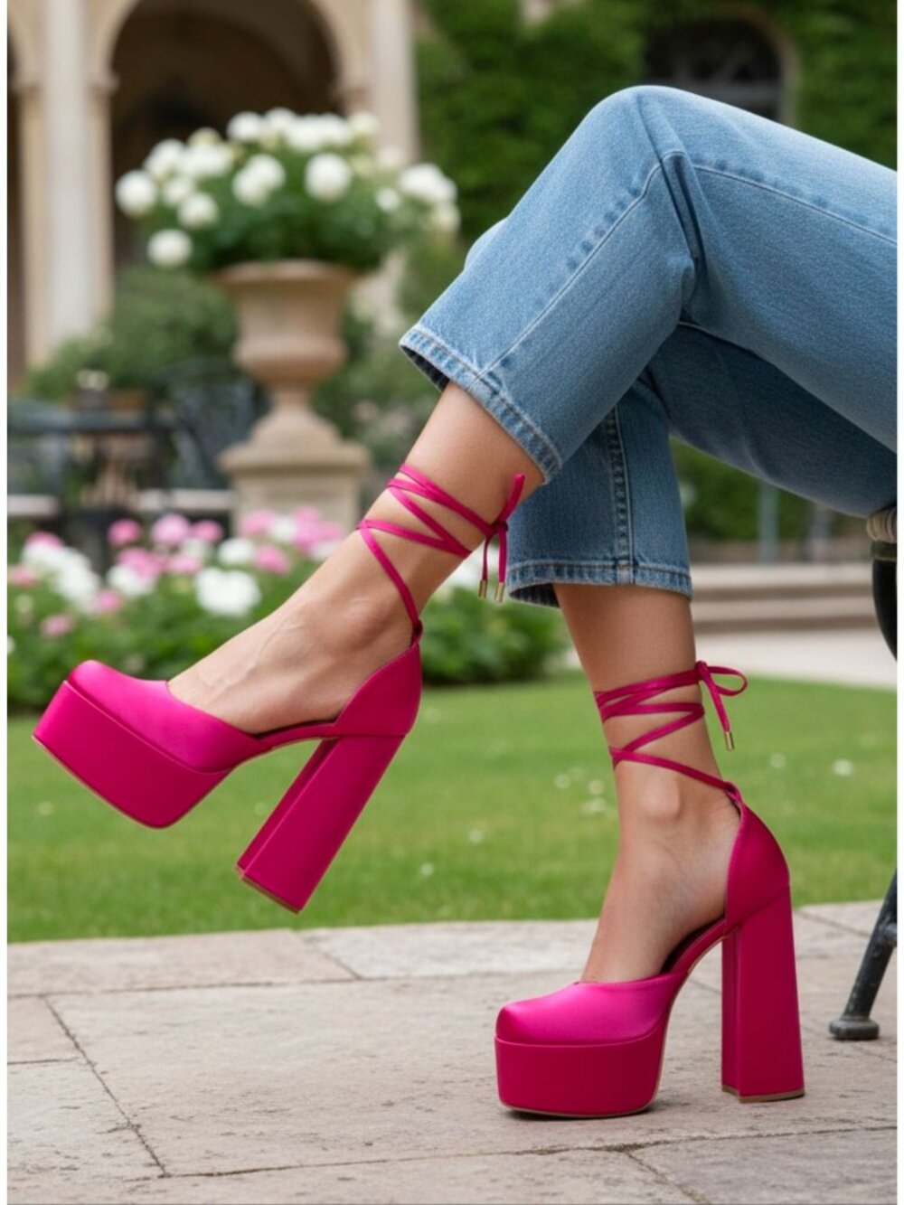 Hot Pink Block Heel Satin Platform Pumps With Ankle Straps - Womens Shoes